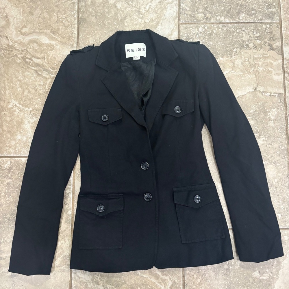 Reiss Womens Black Utility Blazer Jacket Military Style Epaulettes Size XS